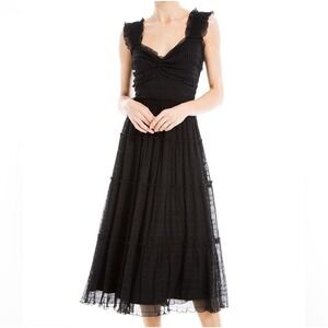 NWT Max Studio Mesh Ruffle Smocked Waist Stretchy Black Midi‎ Dress Size M